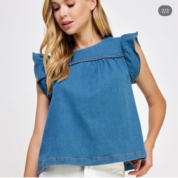 Avara Tops - Denim Blue Ruffle Sleeve Blouse